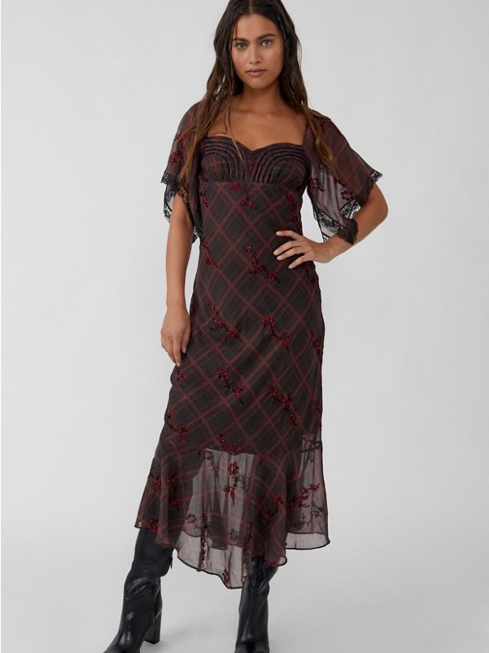 Free People Fallen Flowers Black Red Plaid Embroidered Beaded Midi Dress Sz 4